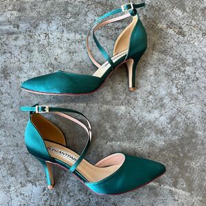 ElegantPark Dark Green Satin D’Orsay Pointed Toe Pumps Size 8